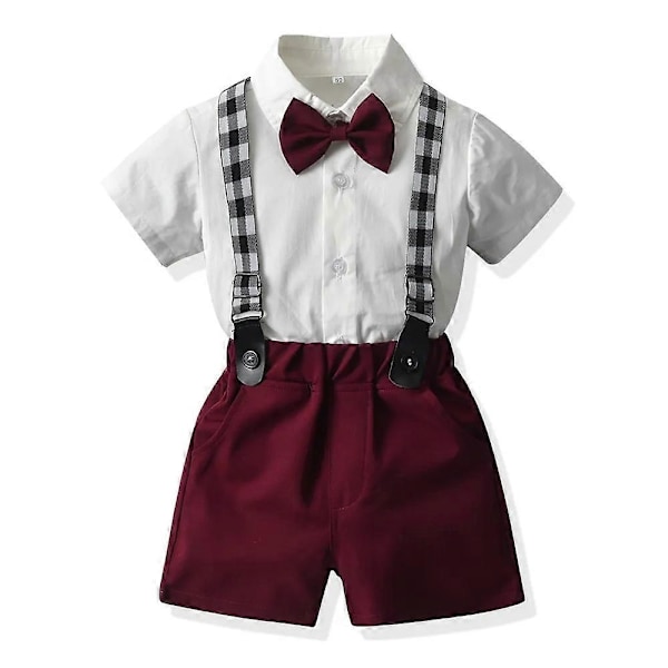 top and top Muoti taapero Lapset Lasten Herrasmies Vaatesetti muodollinen Valkoinen Lyhythihainen Paita Rusetilla+Haalarit Rento Puku-Täydellinen Wind Red 120cm