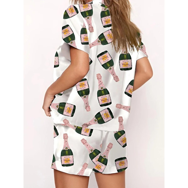 Pyjamas Set med Champagneflaskor för Kvinnor - Tryckt Kortärmad 2-delad Mjuk Löst Avslappnad Nattkläder Bekväma Hemkläder - Perfekt S