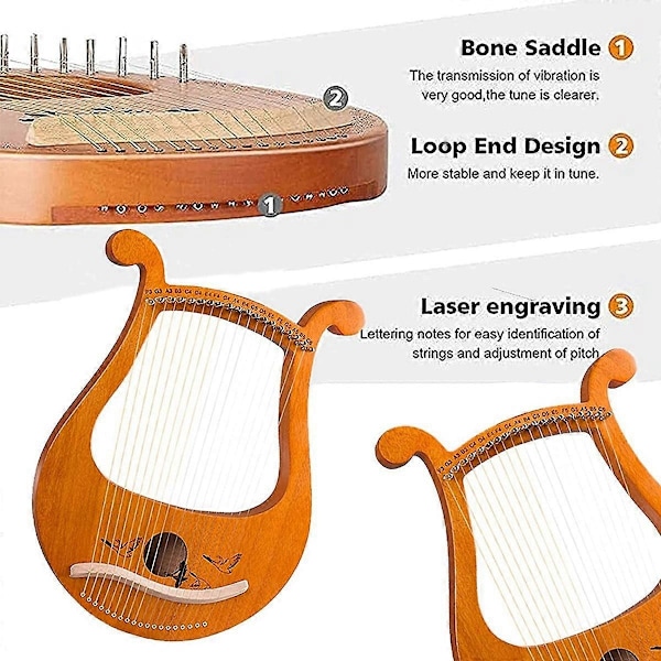 Lyre Harp, 19-strengers gresk fiolin, 19-strengers lyre med unike mønstre og utskårne fonetiske symboler, for musikk L-Perfet