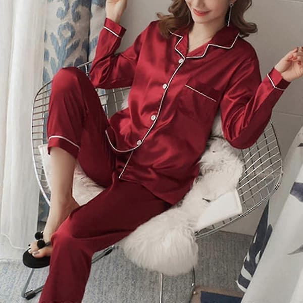 Dame Satin Silke Look Pyjamas Langærmet Nattøj Sæt - Perfekt Red 2XL