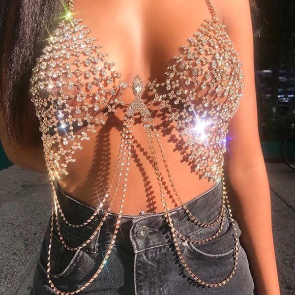 Boho Rhinestone Mesh Tyg BH Kedja Silver Layered Kristall Bröst Kedja Tofs Bikini Body Smycken för kvinnor - Perfet