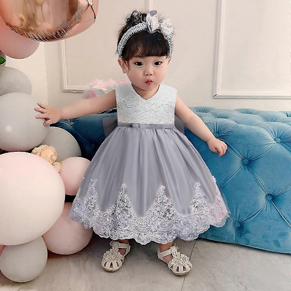 Barn Baby Flicka Fest Bowknot Tutu Klänning Festspel Bröllop Prinsessa Dop - Användbar - Perfekt Grey 12-18 Months