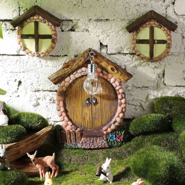 Miniature Fairy Gnome Home vindue og dør med lampe til træ - Perfet