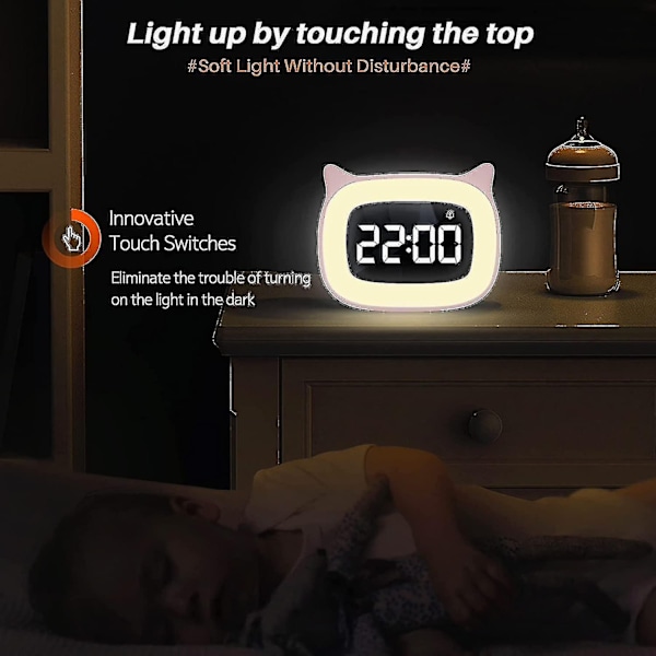 Barnevekkerklokke med nattlys, trinnløs dimming, søte katteører digital klokke for gutter og jenter - Perfekt Orange