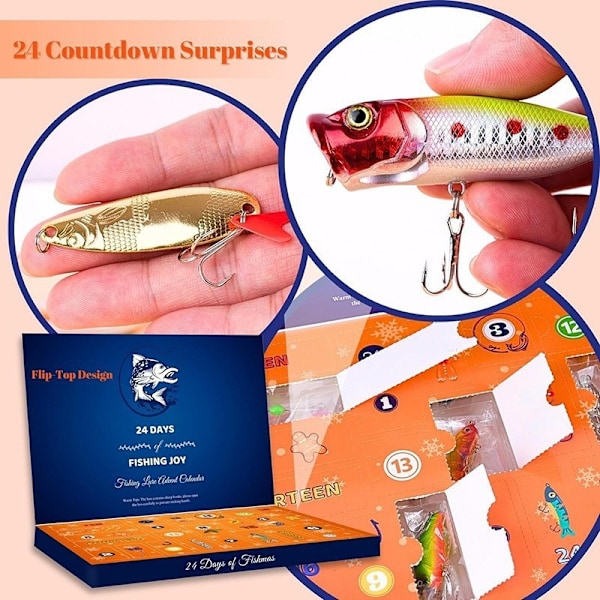 Julefiske Adventskalender - Fiskeutstyrsett, Fiskeutstyr for Voksne Menn Gutter, Fisketilbehør (24 stk) - Perfekt