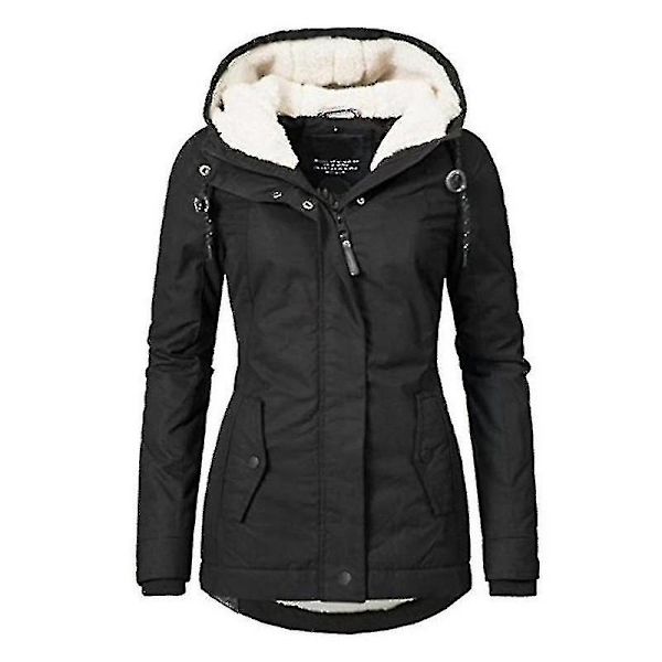 Vandtæt varm vinterjakke med hætte - tyk fleeceforet bomuldsjakke til kvinder - YH-Perfet Black XL