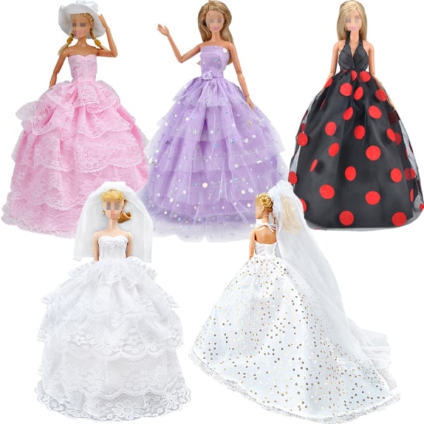5 kpl Barbie-vaatteet Asusteet Nuken häämekko Prinsessamekko Iltapuku 5 tyyliä (vain vaatteet) - Täydellinen