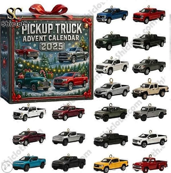 Adventskalender i form av en pickup truck - Julgransprydnader, akrylprydnader, bilsamlarobjekt