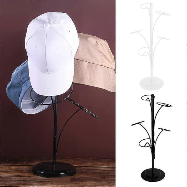 Metall Hatt Display Stativ med 5 Runde Stående Kroker Baseball Caps Stativ Organizer Hodeplagg Stativ Hatt Oppbevaring Display Holder-Perfekt White