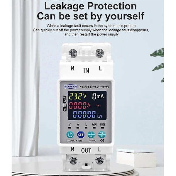TOMZN 2P 63A 110V 220V TUYA WIFI Strömbrytare Kwh Mätare Timer med Spännings-, Ström- och Läckageskydd - Perfekt