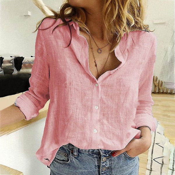 Løse linskjorter og bluser for kvinner med klassisk enkelknepping - Perfekt Pink 5XL