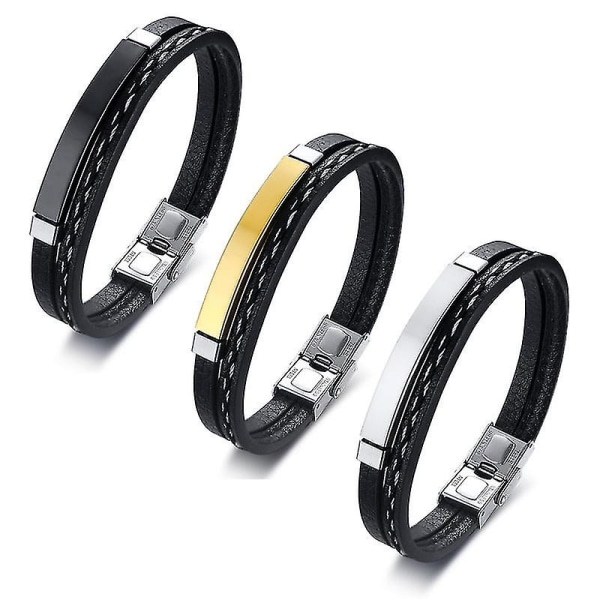 mäns flerlagers läderarmband i rostfritt stål berlocksmycken - Perfet