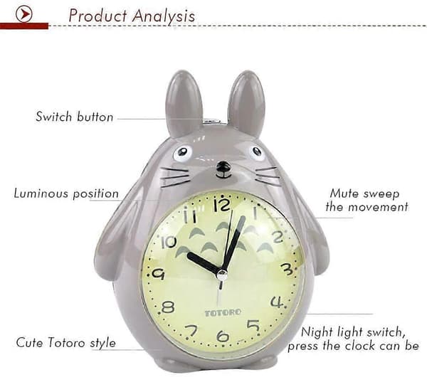 Wekity for totoro-tema, slumrefunksjon, stille og LED-nattlysklokker, beste gave til barn, tenåringer og venner, grå-perfekt