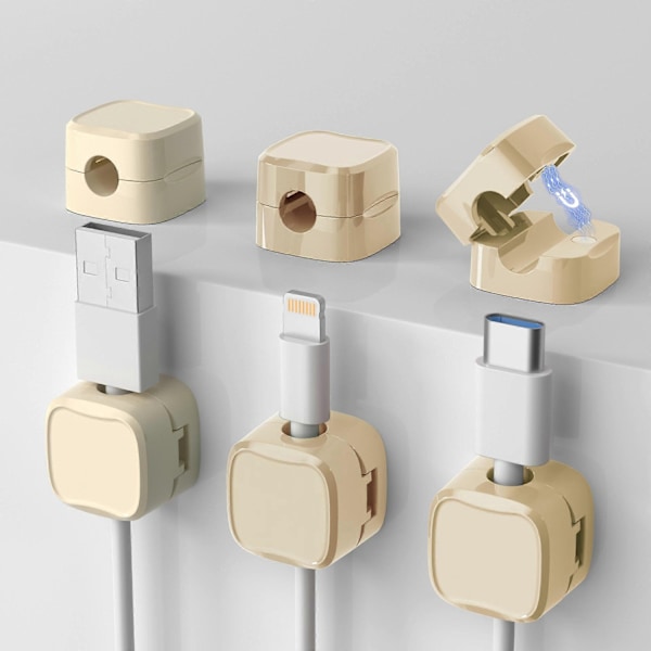 Magnetisk ledningsorganisator, 6 stk. magnetiske kabelklemmer, selvklebende kabelhåndtering lader ledningsholderklemmer for nattbord skrivebord - Perfekt Beige