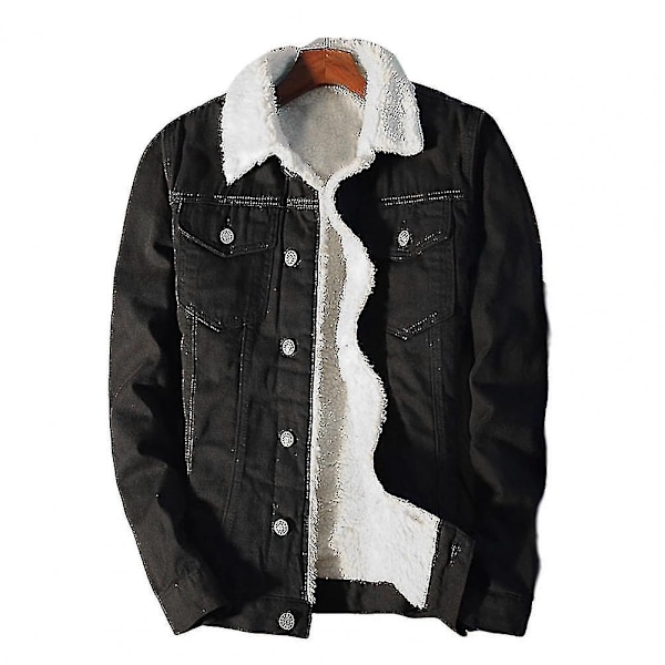 HERR Vinter Höstjacka Denim Inner Wear Ull Tjockad Vinter Denimjacka Ytterkläder Herrar Krage Sammetjacka Herrar Pälsjacka - Perfekt Black XL