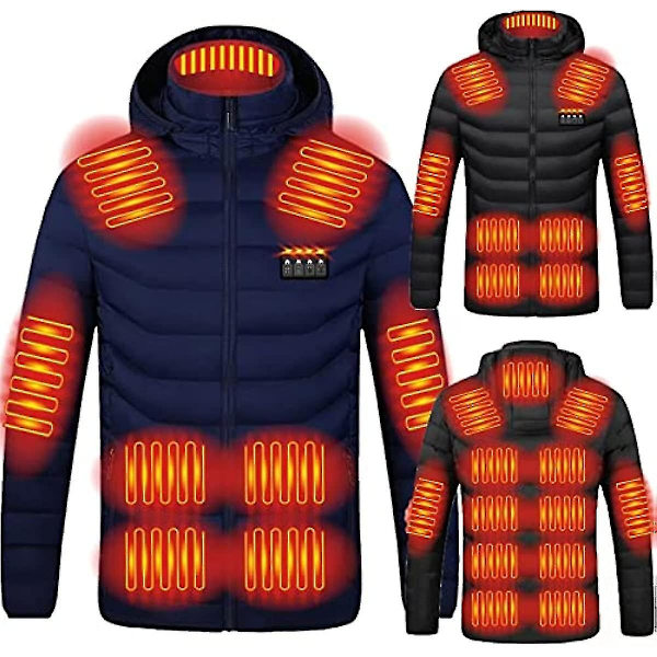 Oppvarmet jakke for menn og kvinner med hette - Varm, vindtett, USB-oppladbar elektrisk oppvarmet jakke - Perfekt Black 2XL