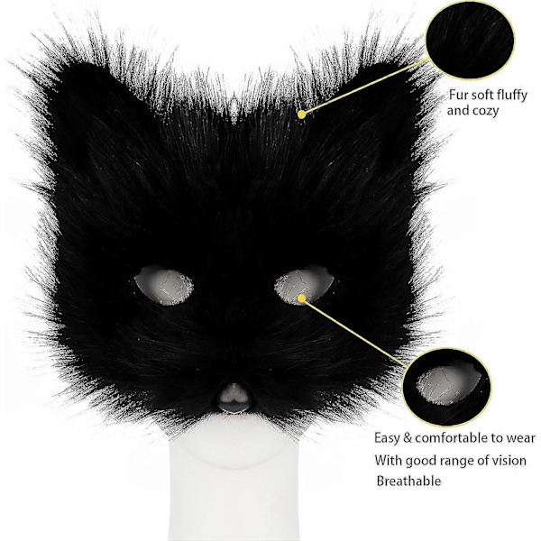Konstgjord Pälsräv Svans Katt Varulv Cosplay Kostym Set Plysch Mask Fluffiga Tassar Handskar Halloween Jul-Perfekt Black