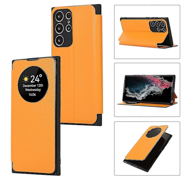 Fodral för Samsung Galaxy S24, Smart Sleep/Wake Up Funktion Visningsfönster Premium Läder Flipfodral med Kortplats, Ställ Trådlös Laddning-Perfekt yellow S24