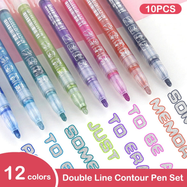 Double Line Outline Art Marker Pen Permanent Marker - Perfet 12 PCS