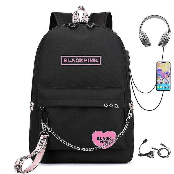 Blackpink Ryggsäck USB Uppladdningsbar ryggsäck Student skolväska - Perfet