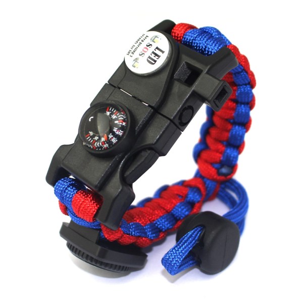 Survival Paracord-armband, eldstartare, vattentätt SOS-ljus, kompass, visselpipa, 20 i 1, Outdoor Ultimate Tactical Survival Gear Set, gåva-perfet Blå-röd