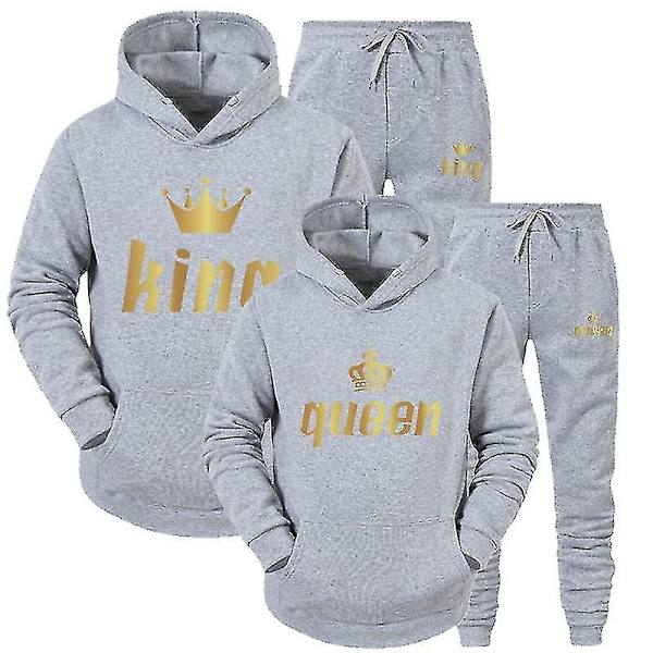 2023 Mode Par Sweatshirt Kung & Drottning Tryckt Par Hoodie Set med Huva och Byxor 2-pack Streetwear Kläder för Män och Kvinnor - Perfekt Gray King XXL