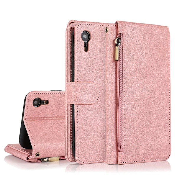 Kompatibel med iPhone Xr Cover, 8 Kort Slots Retro Læder Wallet Stødsikkert Flip Kickstand Cover med Lynlåslomme-Perfet Rose Gold