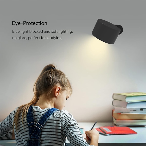 Vägglampa LED Vägglampa Uppladdningsbar Batteri Vägglampa, 3 Färglägen, 3 Ljusstyrkenivåer, 360° Roterande Magnetisk Kula Touchkontroll - Perfekt Black