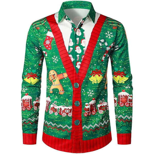 Herrar Business Casual Långärmad Skjorta Glimmande Guldträdälg Tryck Julskjorta-Perfekt green4 XXL