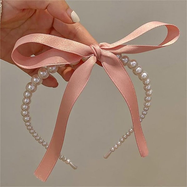 Sweet Bowknot Pearl Hair Band Girls French Pearls Pannebånd Hår - Perfet Pink