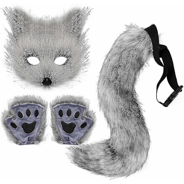 Faux Fur Fox Tail Cat Wolf Cosplay Costume Set Plush Mask Fluffy Paw Gloves Halloween Christmas-Perfet Dark Gray