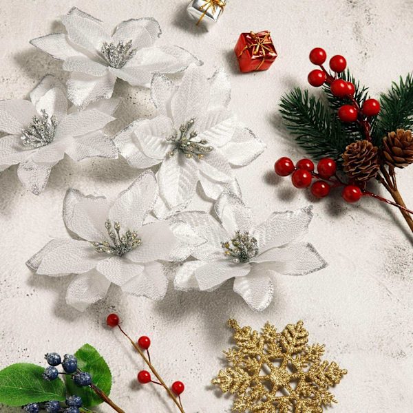 24 stycken 15cm julblomma julgransdekorationer - Perfet silver