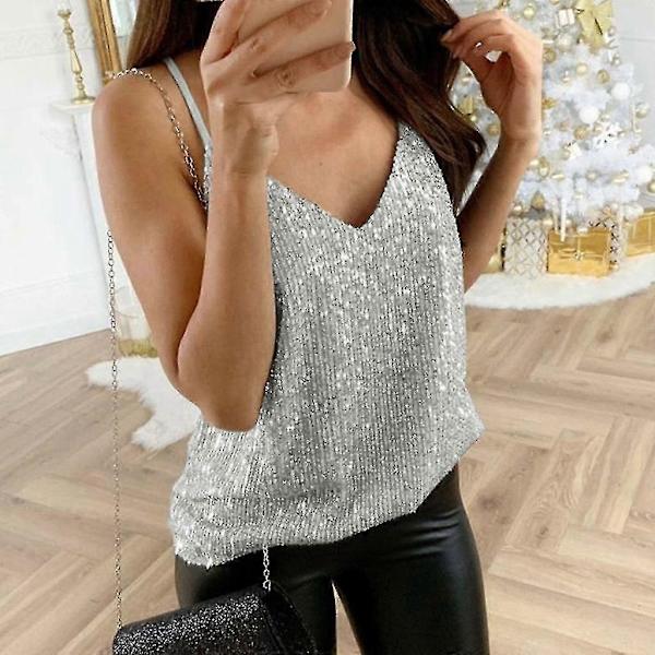Glittriga axelbandslinnen för kvinnor, sexig glittrig cami-väst, klubbkläder - Perfekt Silver 4XL