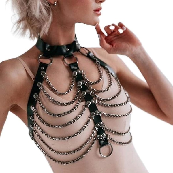 Body Chain Sort læder BH Cage Sikkerhedssele Krave BH Chain - Perfet