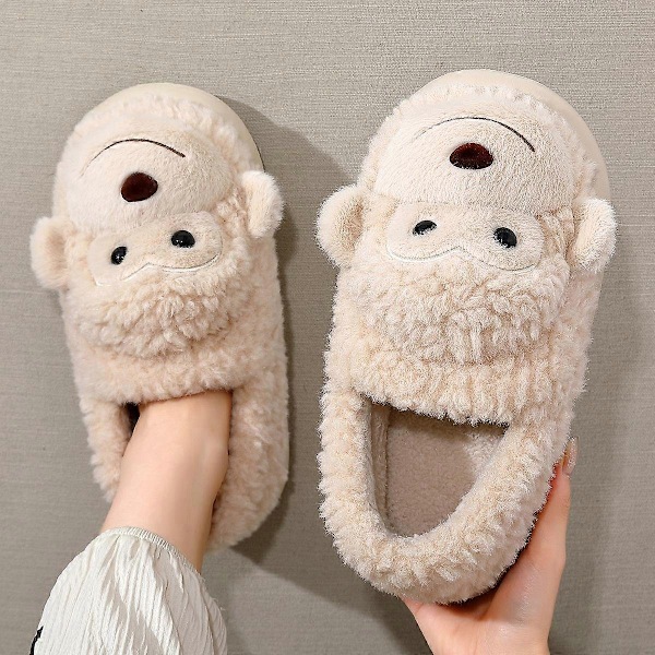 Dame Herre Sko Pige Pels Anti Slip Varme Hjemmesko Moderigtig Dejlig Abe Matchende Bomuld Hjemmesko Efterår Vinter Plys Hjemmesko - Perfet Beige 38-39