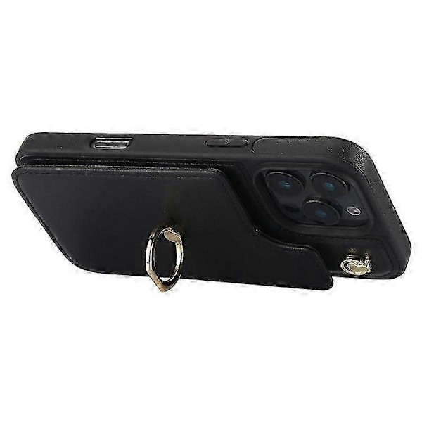 Kompatibel med iPhone 16 Pro Max Cover Kortholder Støtteben PU+TPU Telefon Cover med Skulderrem - Perfekt Black