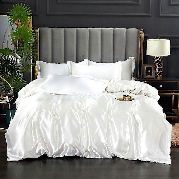 Minglan ensfarget sengetøy i imitert silke, eksklusivt sateng sengetøy dynetrekk putevar fire-delt sett - Perfekt white 180x220cm 4pcs