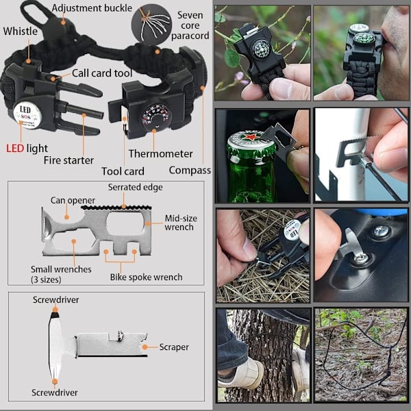 Survival Paracord-armbånd, ildstarter, vandtæt SOS-lys, kompas, fløjte, 20 i 1, udendørs ultimativ taktisk overlevelsesudstyrsæt, gave-perfet svart