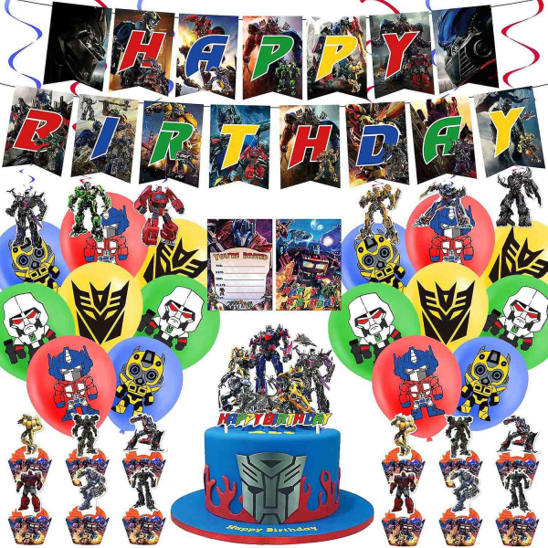 Transformers Tema Födelsedagsfestdekorationer Transformers Dragflikar Tårta Insatser Ballonger Spiralberlocker - Perfet Set C