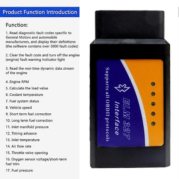 Bluetooth ELM327 OBD2 Skanner V1.5 - Bil Diagnostisk verktøy for Android /IOS, Les/Slett Koder, Sanntidsdata, Støtter Alle OBDII Protokoller-Perfekt