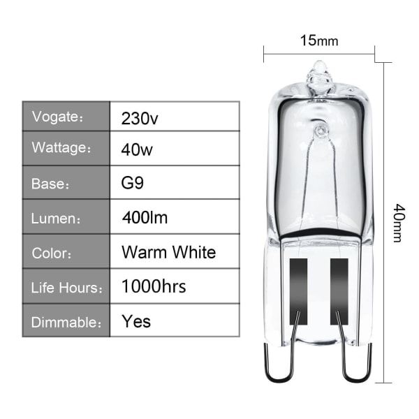 G9 halogen ovnslampe, 40 W, 230 V, 300 Â°C, mikrobølgepære (4 stk)- Perfet