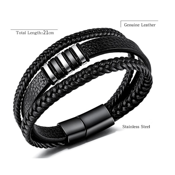 Svart läderarmband för män - Present till män 23 cm - Perfekt