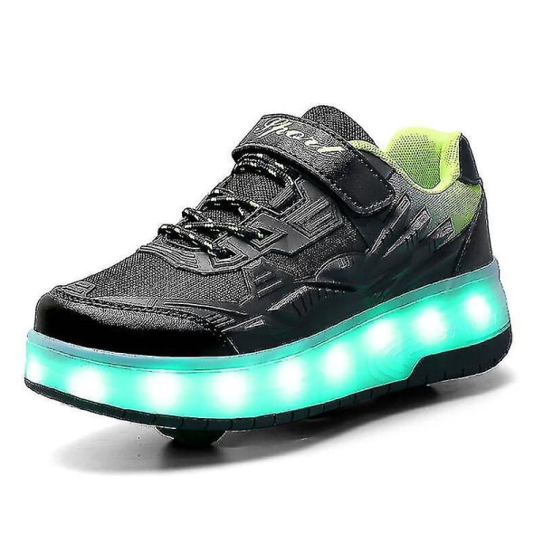 Childrens Sneakers Double Wheel Shoes Led Light Shoes Q7-yky - Perfet Black 28