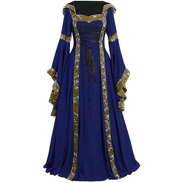 Middelalderkjole Kvinder Snørebånd Langærmet Gulvlang Middelalderkjole Halloween Kostume - Perfekt Blue L