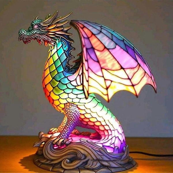 Dyr Bordlampe Farvet Glasmosaik Natlampe Retro Bordlampe Julegave - Perfekt dragon