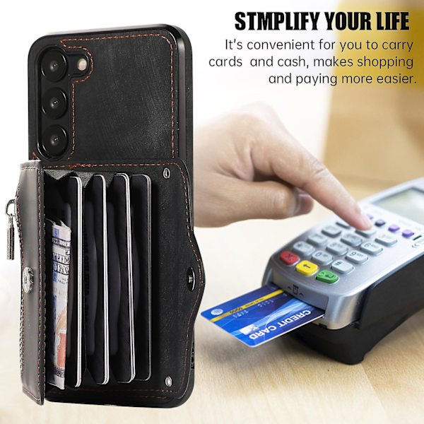 Anti-damm Pu läder+tpu phone case för Samsung Galaxy S23 Rfid blockerande case Kickstand Cover - Perfet Black