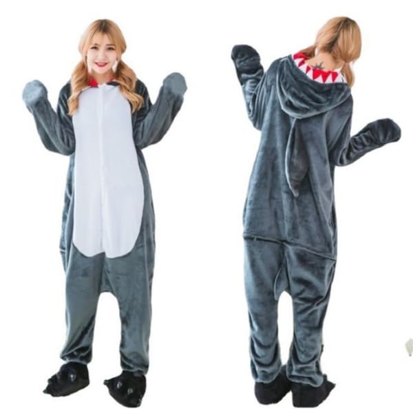 Søde tegneserie anime dyrepyjamas pyjamas til mænd og kvinder Grey Shark L