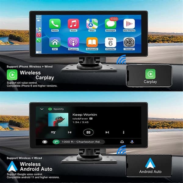 Bärbart trådlöst CarPlay billjudsystem med dashcam - 1026-tums HD IPS-skärm, stöder Android Auto, 1080P backkamera, Bluetooth