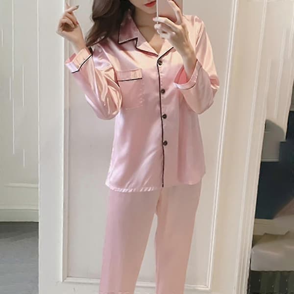 Dame Satin Silke Look Pyjamas Langærmet Nattøj Sæt - Perfekt Pink XL
