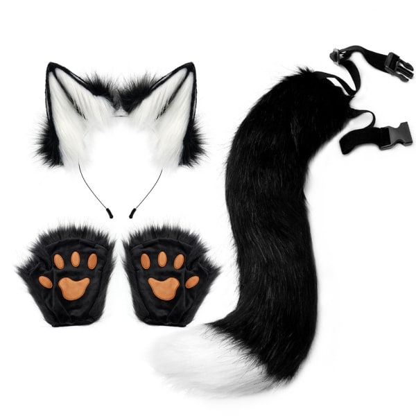 Kissan korvat ja set, tekoturkiseläinten kynnet Cosplay Halloween -juhlatarvikkeet - täydellinen White&Black